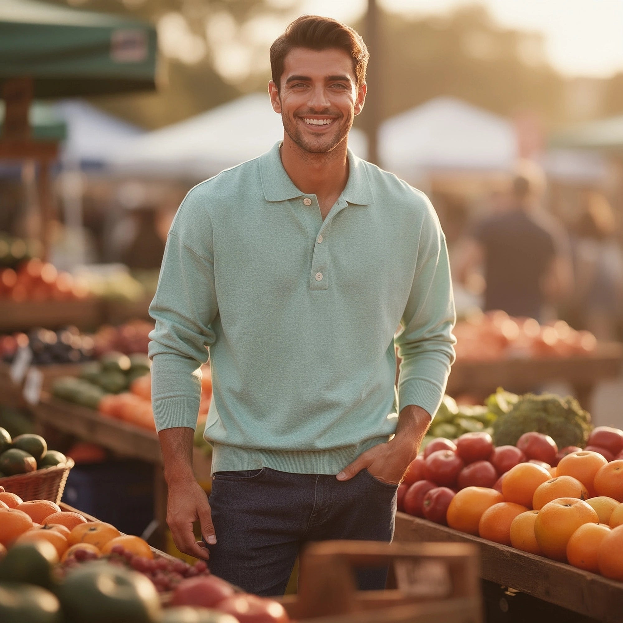 View of a light gray casual knit polo shirt, featuring a relaxed fit and short sleeves