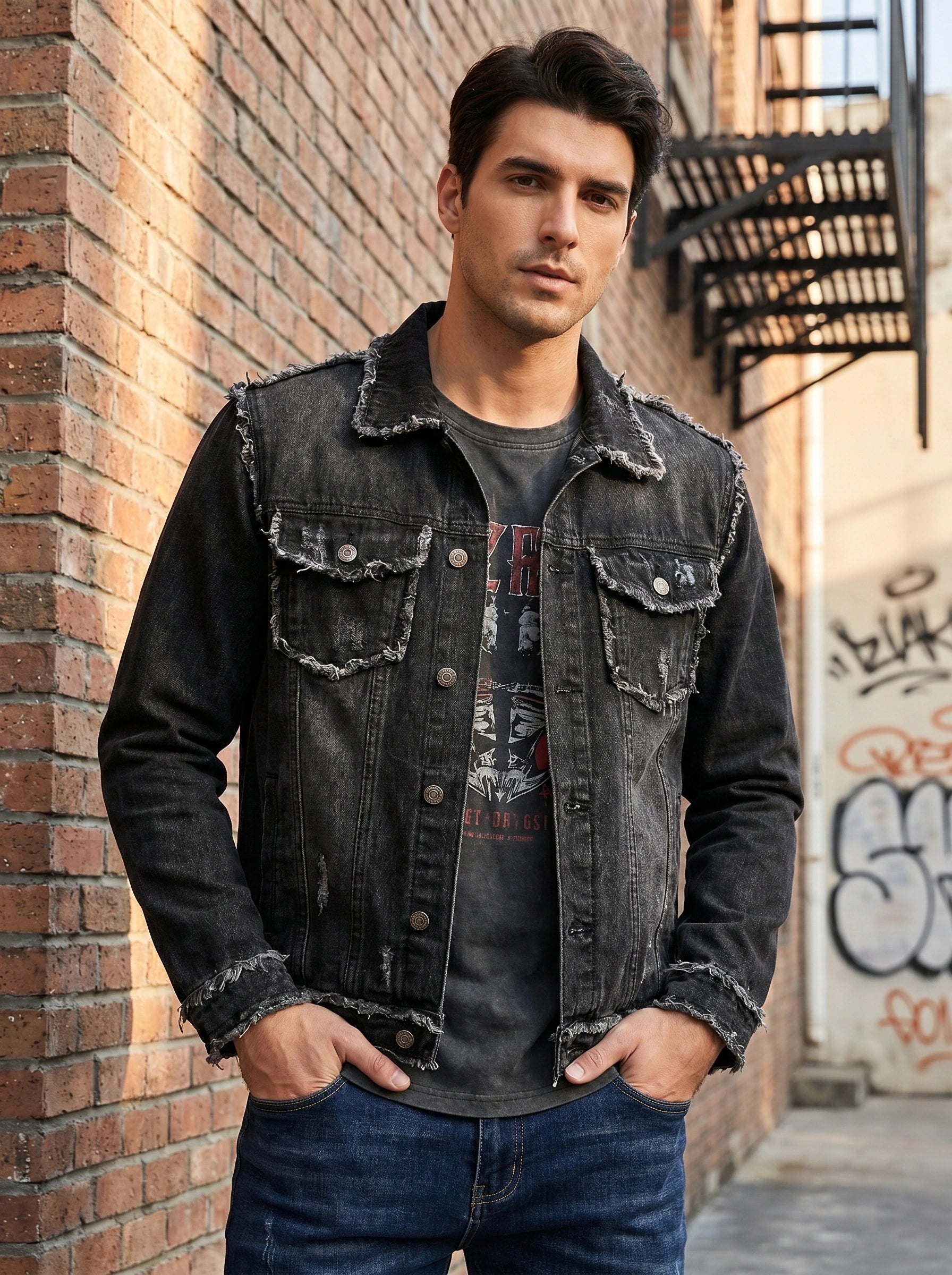A model showcases a mens casual sturdy relaxed denim jacket in a light wash, paired with accessories against a neutral background.