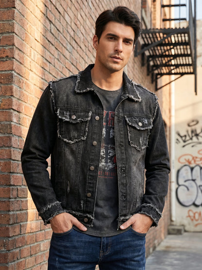 A model showcases a mens casual sturdy relaxed denim jacket in a light wash, paired with accessories against a neutral background.