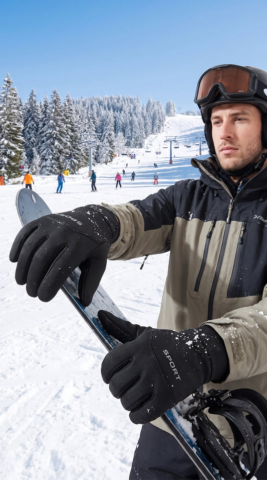 A model showcases the Mens Windproof Touchscreen Winter Gloves in a outdoor outfit, showing a dark jacket and neutral toned pants against a snowy background.