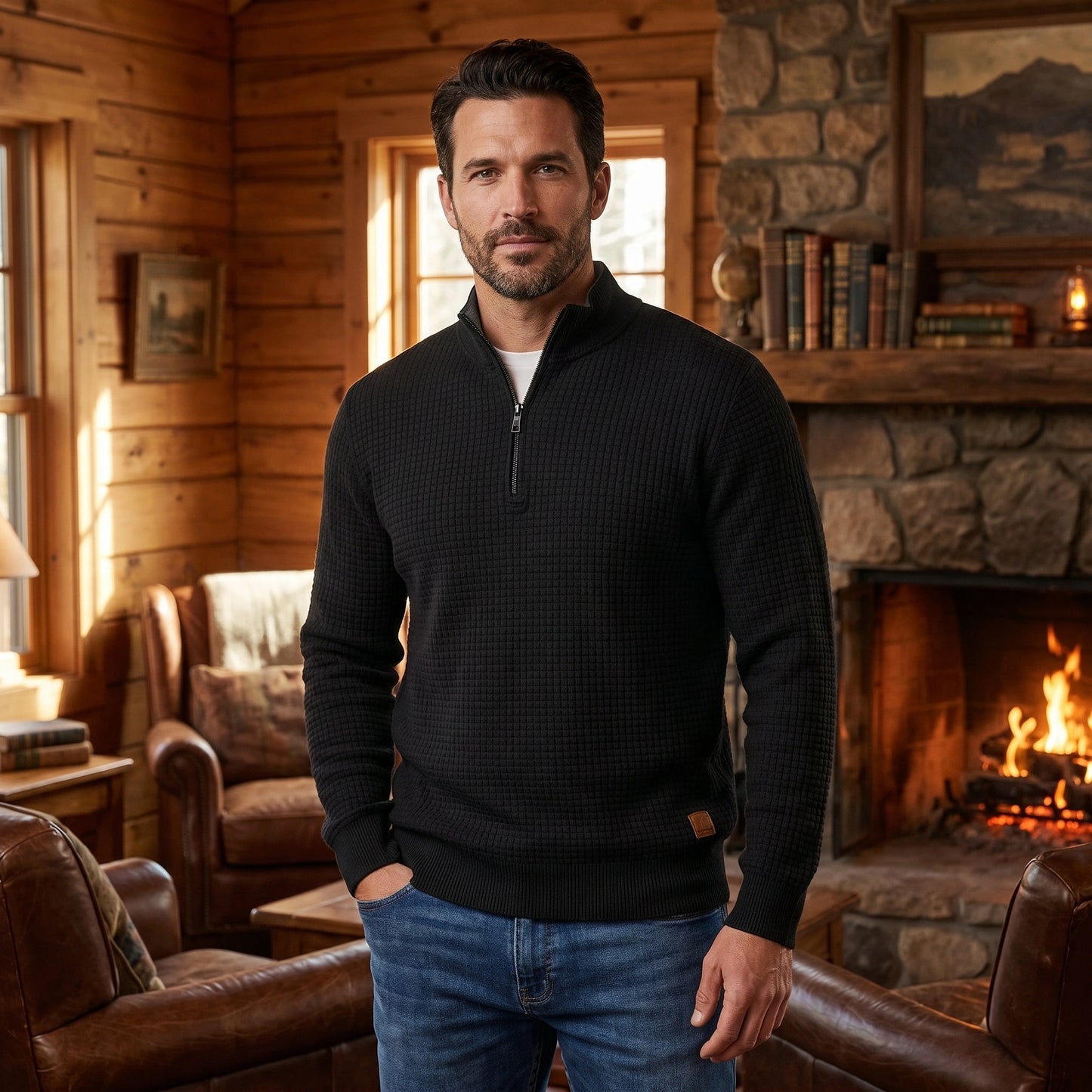 Close up showing the soft fabric and detailed stitching of the Mens Refined Quarter Zip Sweater in a rich navy color.