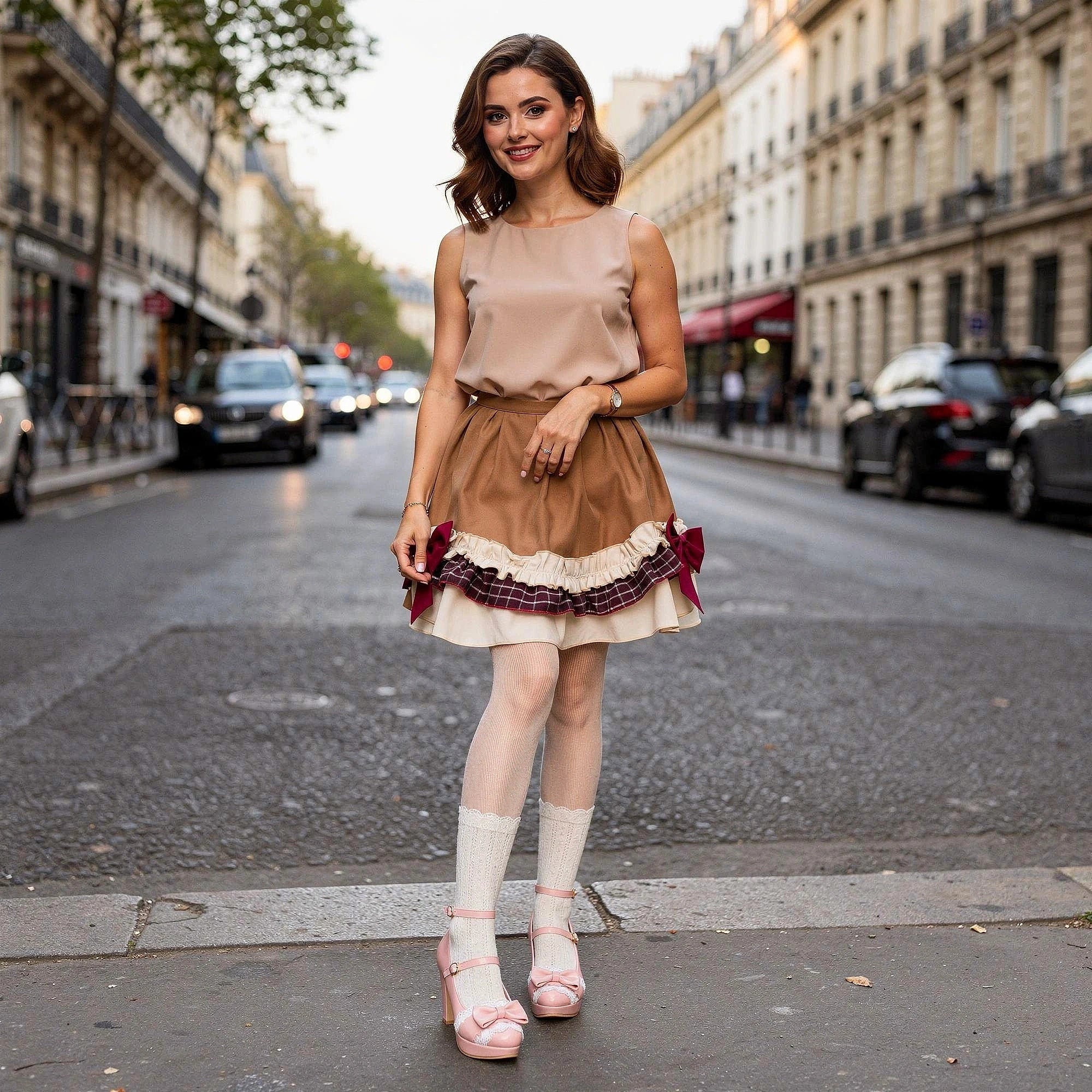 View of elegant high heeled shoes in soft blush velvet with delicate lace frill accents and a pointed toe
