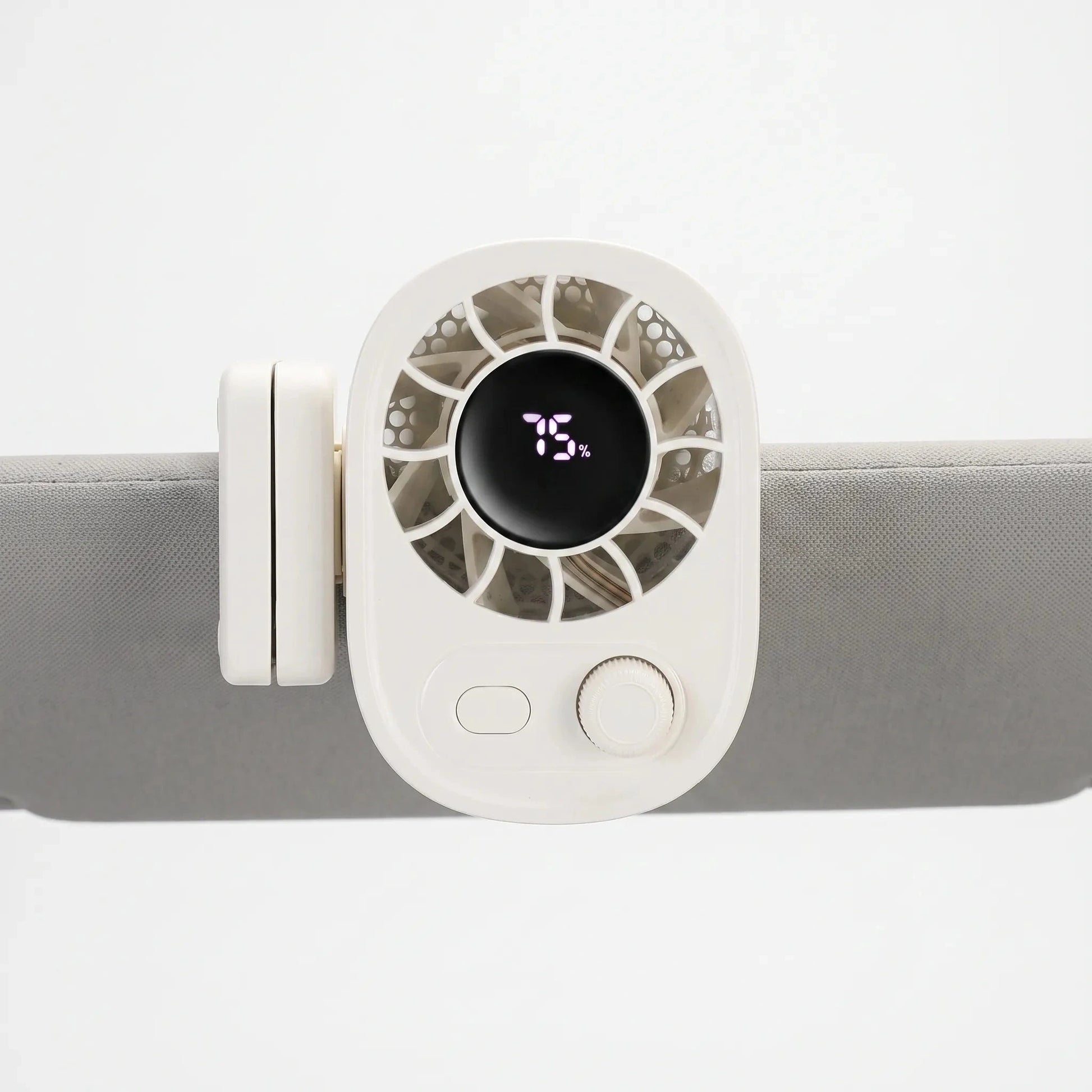 Of the fan's adjustable clip mechanism and rotating head, showcasing versatility for various mounting options