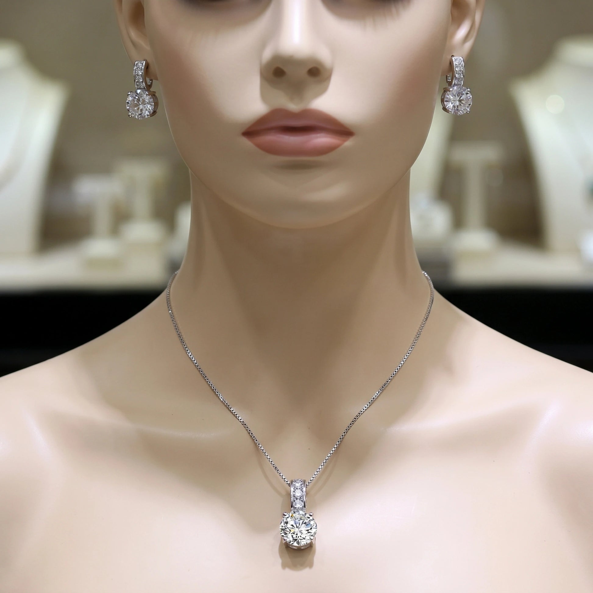 Close up view of the Womens Timeless Bridal Jewelry Set showing intricate detailing and fine craftsmanship against a soft, neutral background.