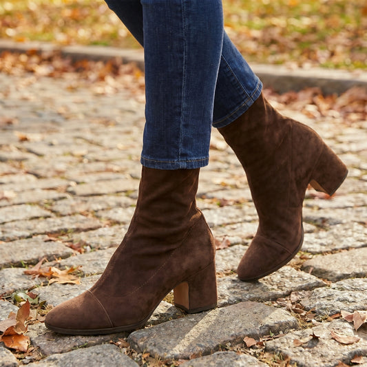 Close up view showing the rich fabric and precise stitching of the Womens Comfortable Autumn Heel Boots in a earthy tone.