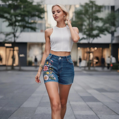 View of relaxed floral print shorts featuring a light fabric, vibrant colors, and an elastic waistband for comfort