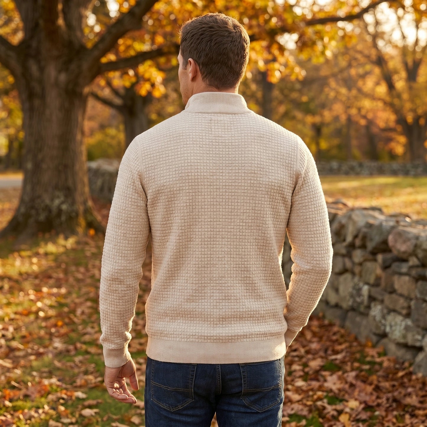 Close up view of the Mens Refined Quarter Zip Sweater showing the fine stitching and soft fabric texture, perfect for versatile casual and semi formal styling.