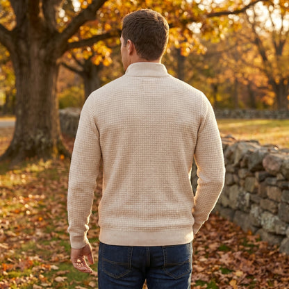 Close up view of the Mens Refined Quarter Zip Sweater showing the fine stitching and soft fabric texture, perfect for versatile casual and semi formal styling.