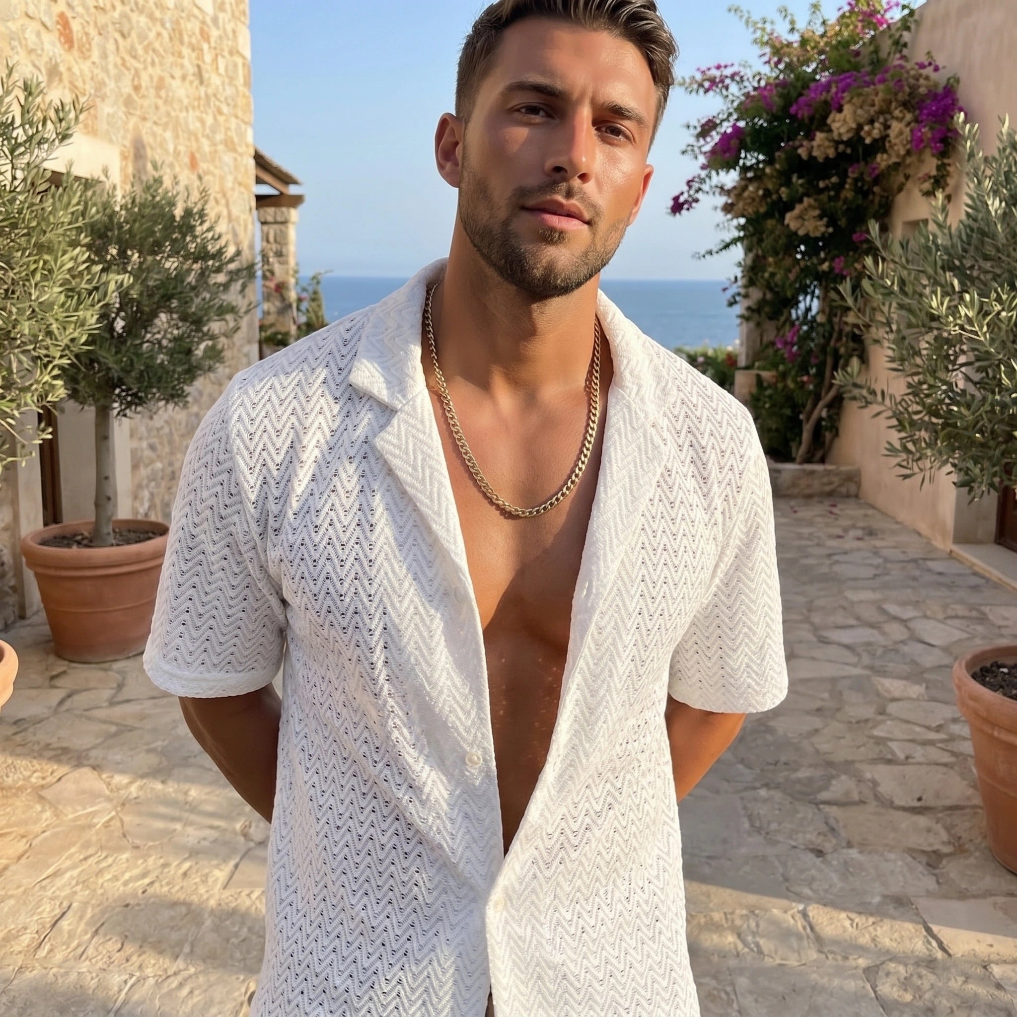 Close up view of the lightweight fabric and precise stitching of the Mens Sleek Sophisticated Summer Shirt, showing its quality and refined summer style.