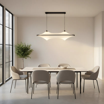 Close up view of the sleek modern iron pendant light fixture showing its minimalist design, smooth finish, and intricate detailing on the frame.