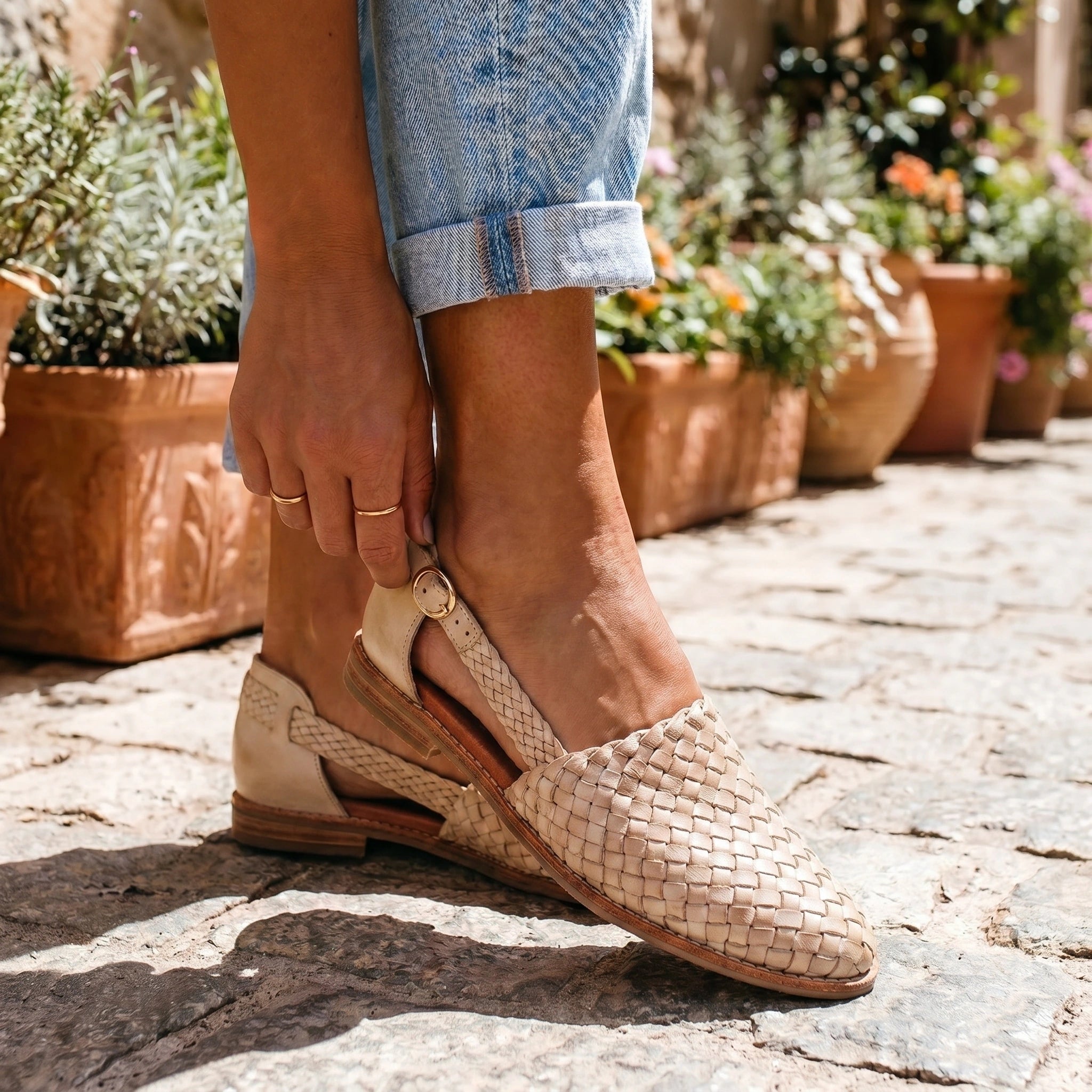 Close up view of the Charlotte women's supportive orthopedic sandals, showing the stitching and high quality fabric details in a neutral color.