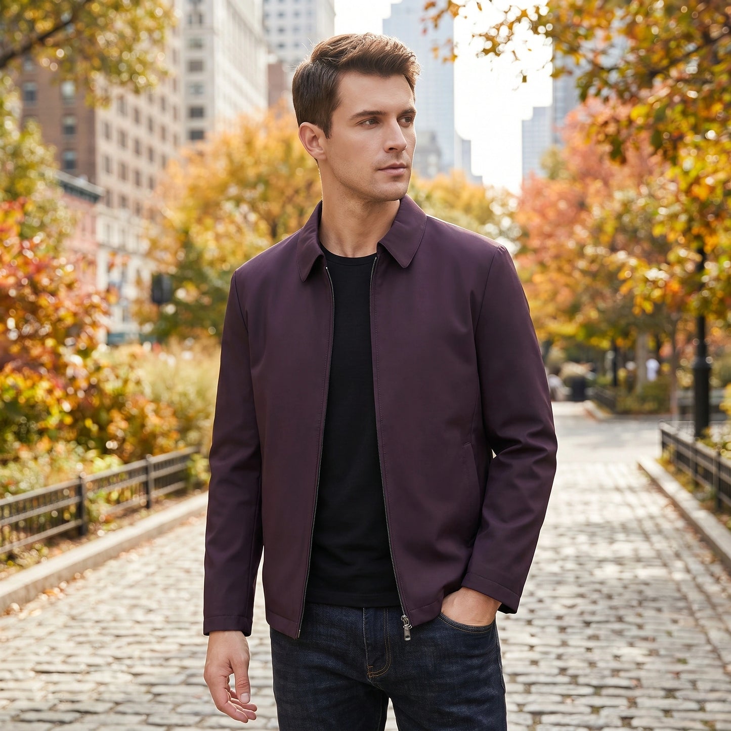 Close up view of the Mens Cozy Winter Jacket showing its luxurious fabric texture, refined stitching, and sophisticated design details against a neutral background.