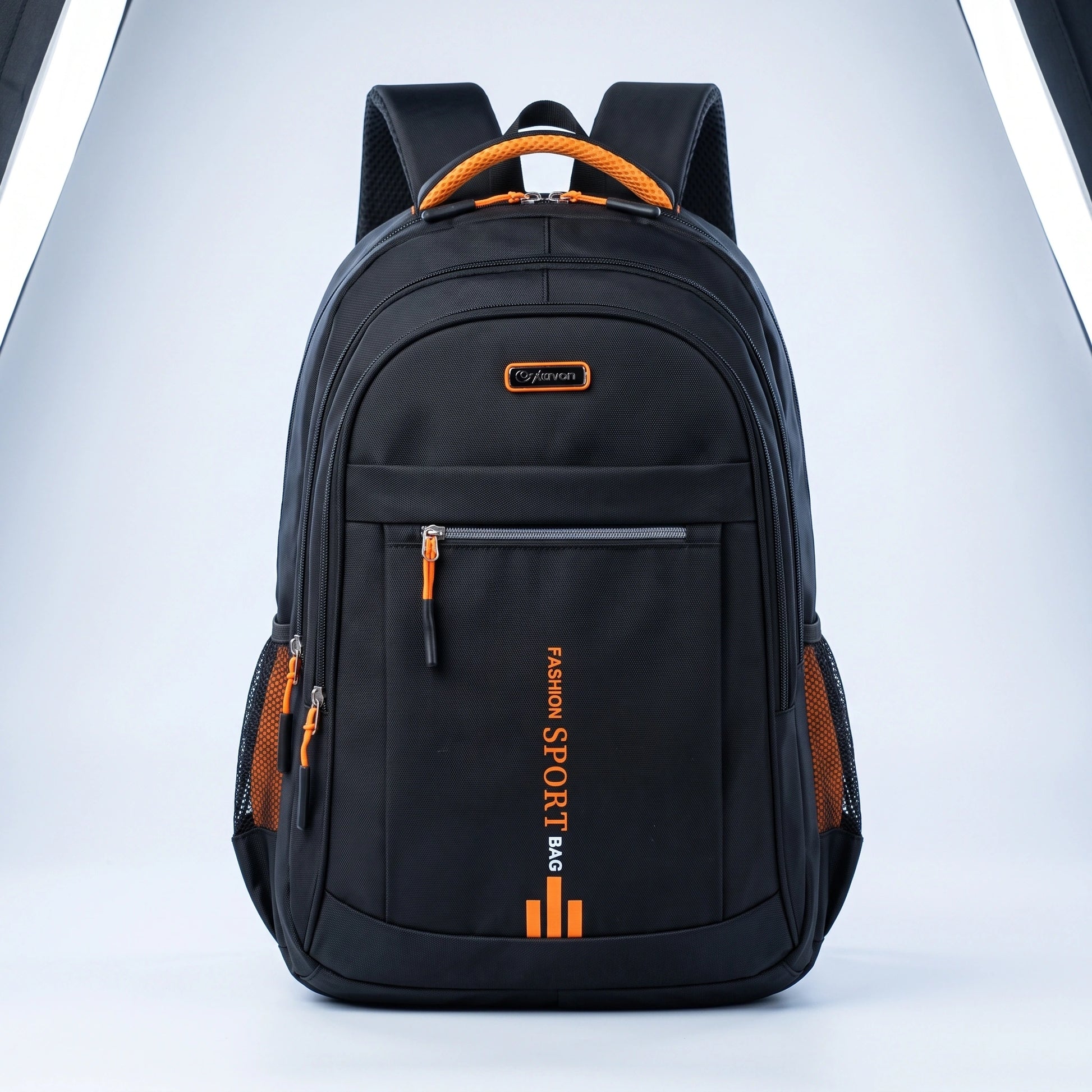 Close up view of the men's waterproof school backpack showing its durable Oxford fabric, detailed stitching, and sleek design, perfect for urban commuting.