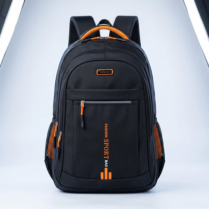 Close up view of the men's waterproof school backpack showing its durable Oxford fabric, detailed stitching, and sleek design, perfect for urban commuting.