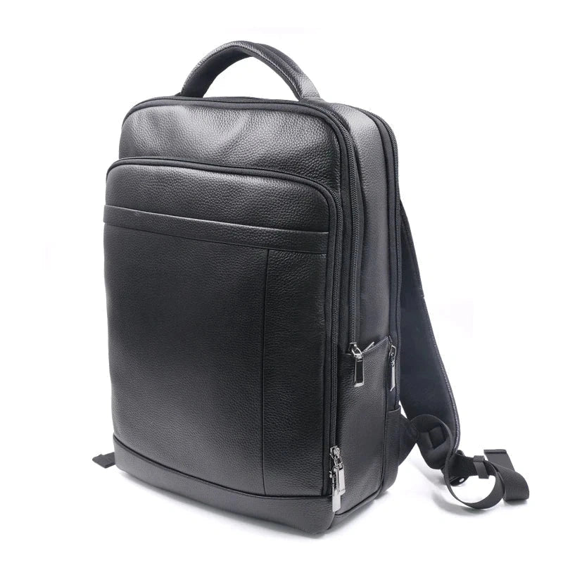 View of a sleek genuine leather backpack featuring a fingerprint lock, showcasing its smooth texture and elegant design