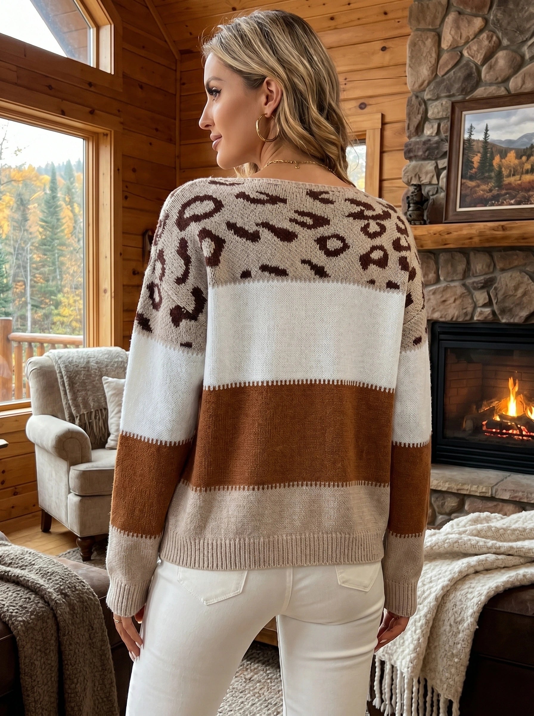 A model showcases the Womens Bold Sweater in a colorful, styled with high waisted jeans against a neutral background, showing its design.
