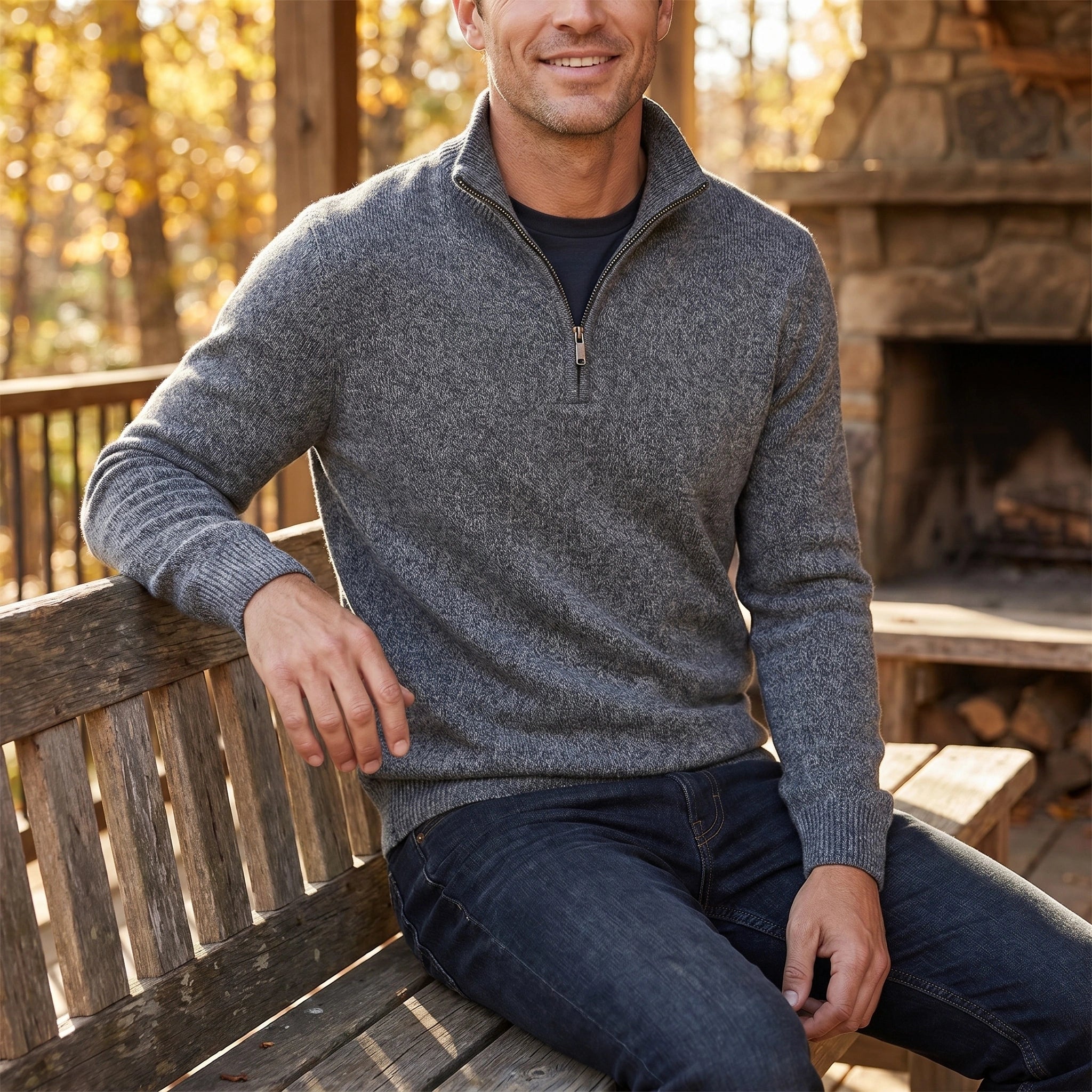 Back view of a model wearing a men's relaxed quarter zip sweater in a rich navy color, showing the construction details and fit against a neutral background.