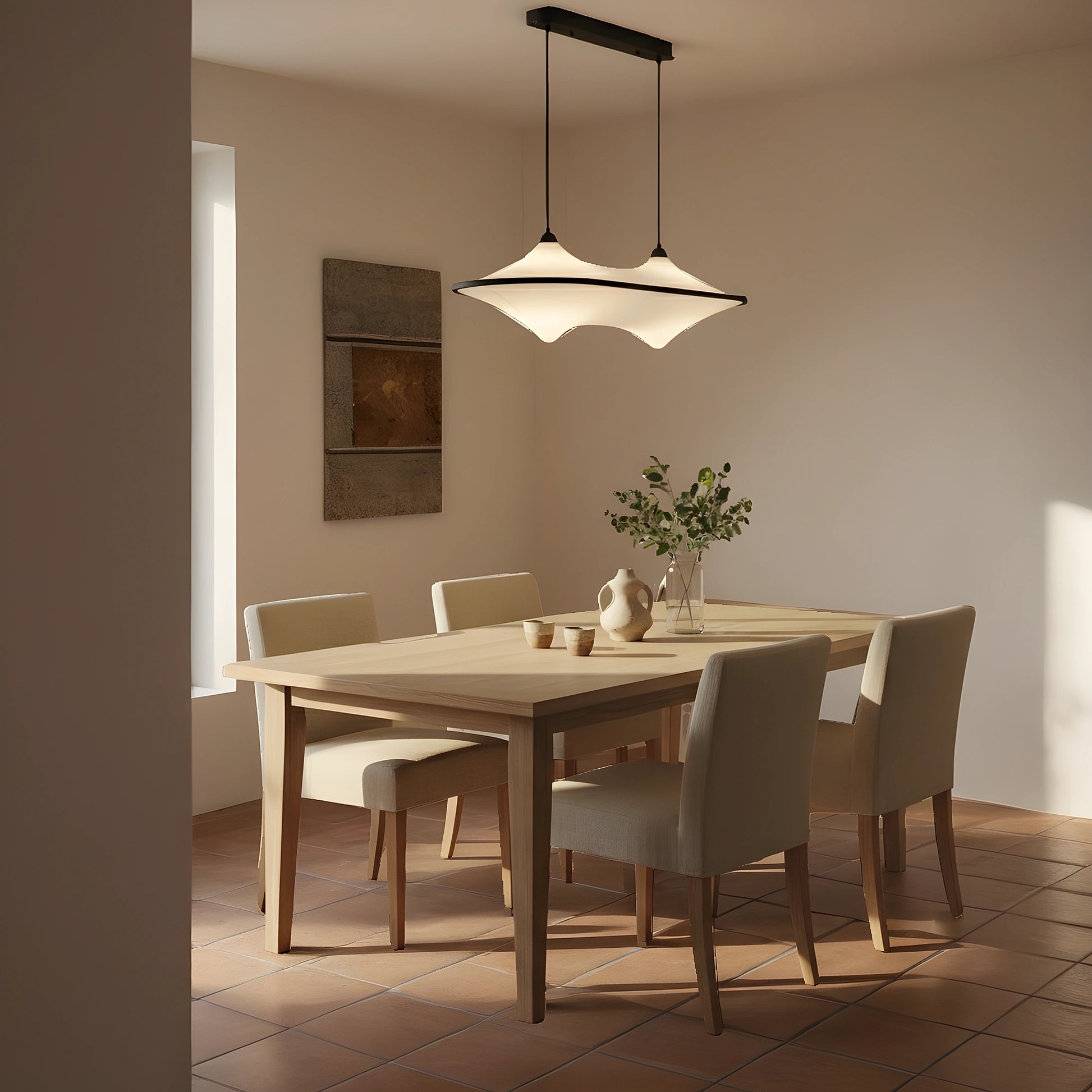 Close up view of the sleek modern iron pendant light fixture showing its minimalist design, smooth finish, and intricate detailing in the iron frame.