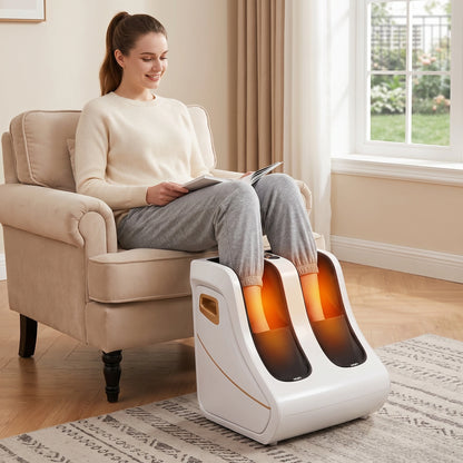 Close up view of the ZenPulse Shiatsu Foot Calf Massager showing its soft fabric, precise stitching, and ergonomic design for enhanced comfort and relaxation.