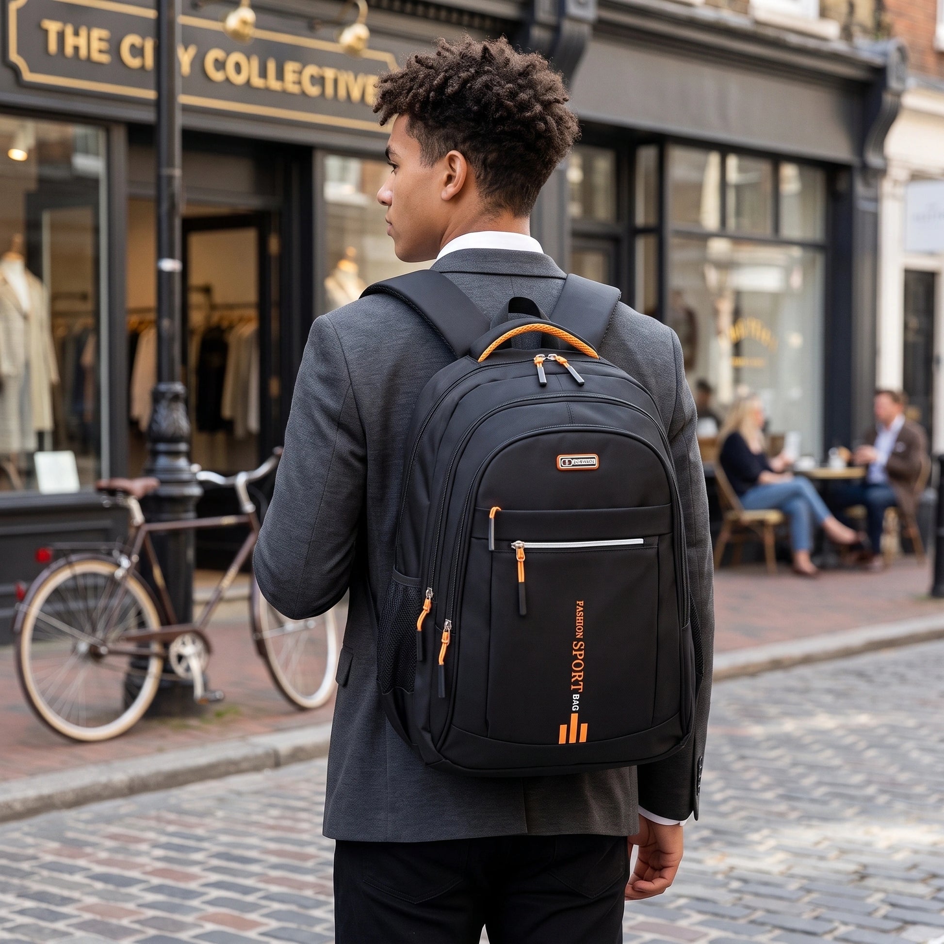 Close up view of the men's waterproof school backpack showing premium Oxford fabric, intricate stitching, and a sleek design, emphasizing durability and style.