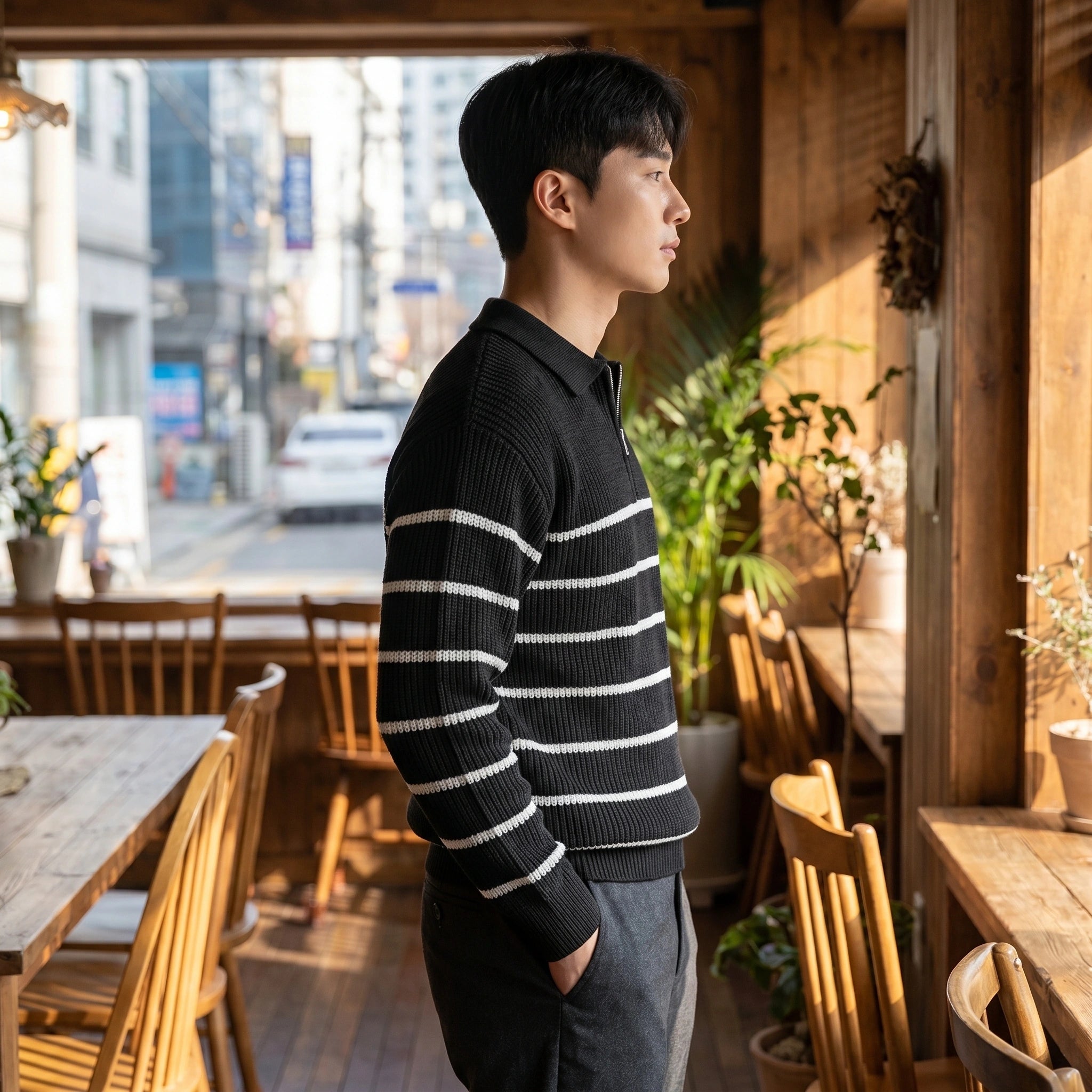Front view of a model wearing a men's distinctive striped quarter zip sweater in navy and white, styled with casual trousers against a neutral background.
