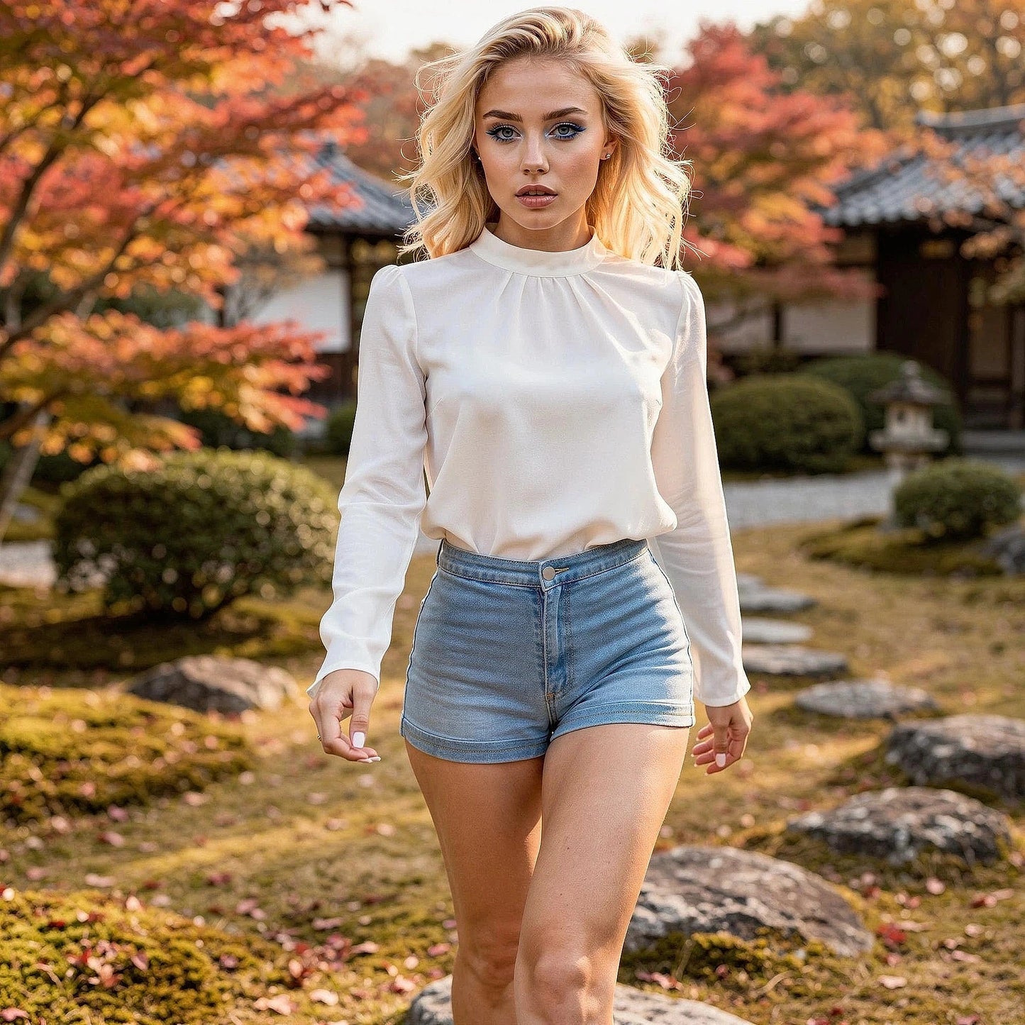 View of fitted denim shorts in light blue, featuring frayed hems and classic five pocket styling