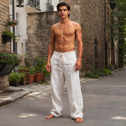 Lightweight casual trousers in light gray, featuring a relaxed fit and pockets, view showcasing fabric texture