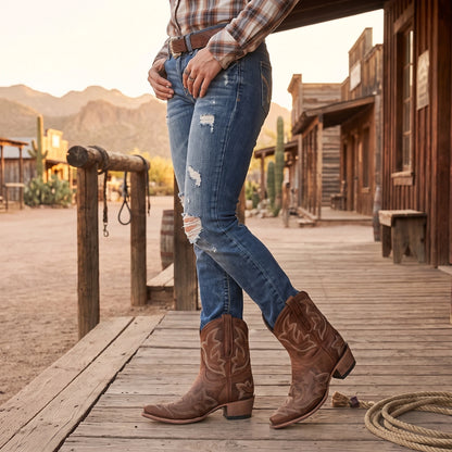 Close up view of the Womens Bold Striking Cowgirl Boots showing intricate stitching and rich leather texture, showing their Western design.