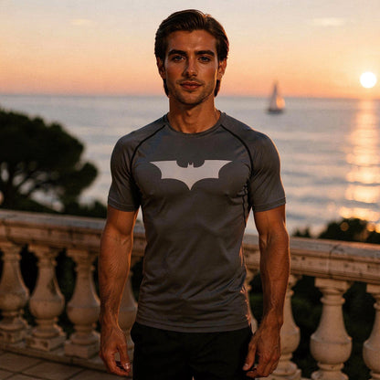 View of a black men's athletic compression running tee, featuring short sleeves and a fitted design