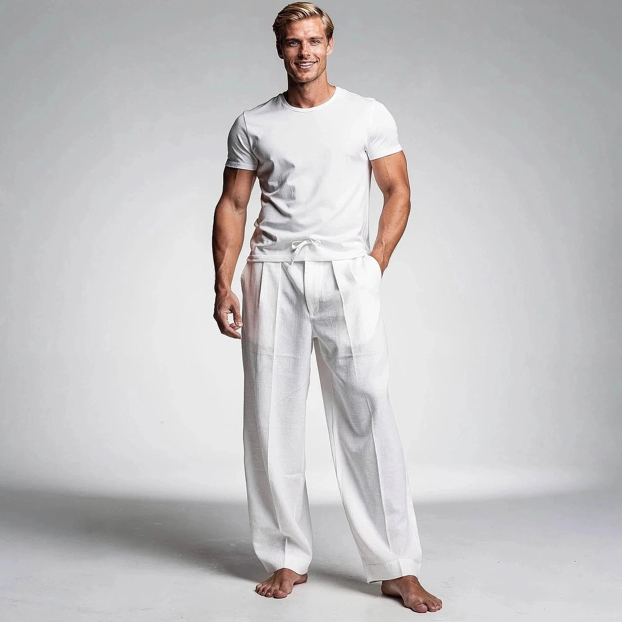 View of relaxed fit drawstring pants in light gray fabric, featuring an elastic waistband and pockets