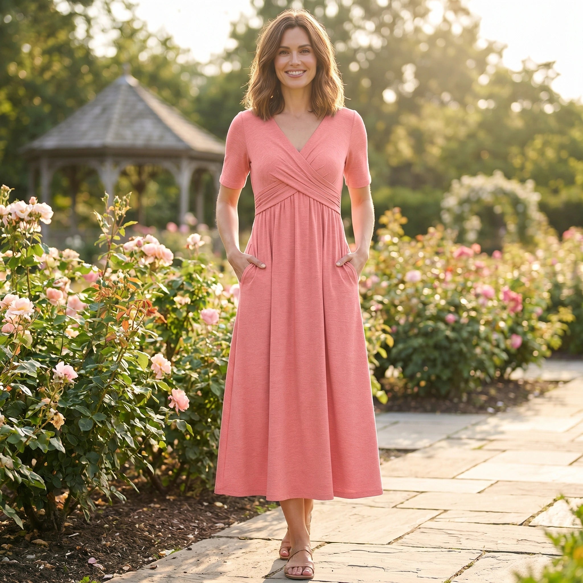 A model showcases a womens flattering midi dress in a soft pastel color, styled with accessories against a clean, neutral background.