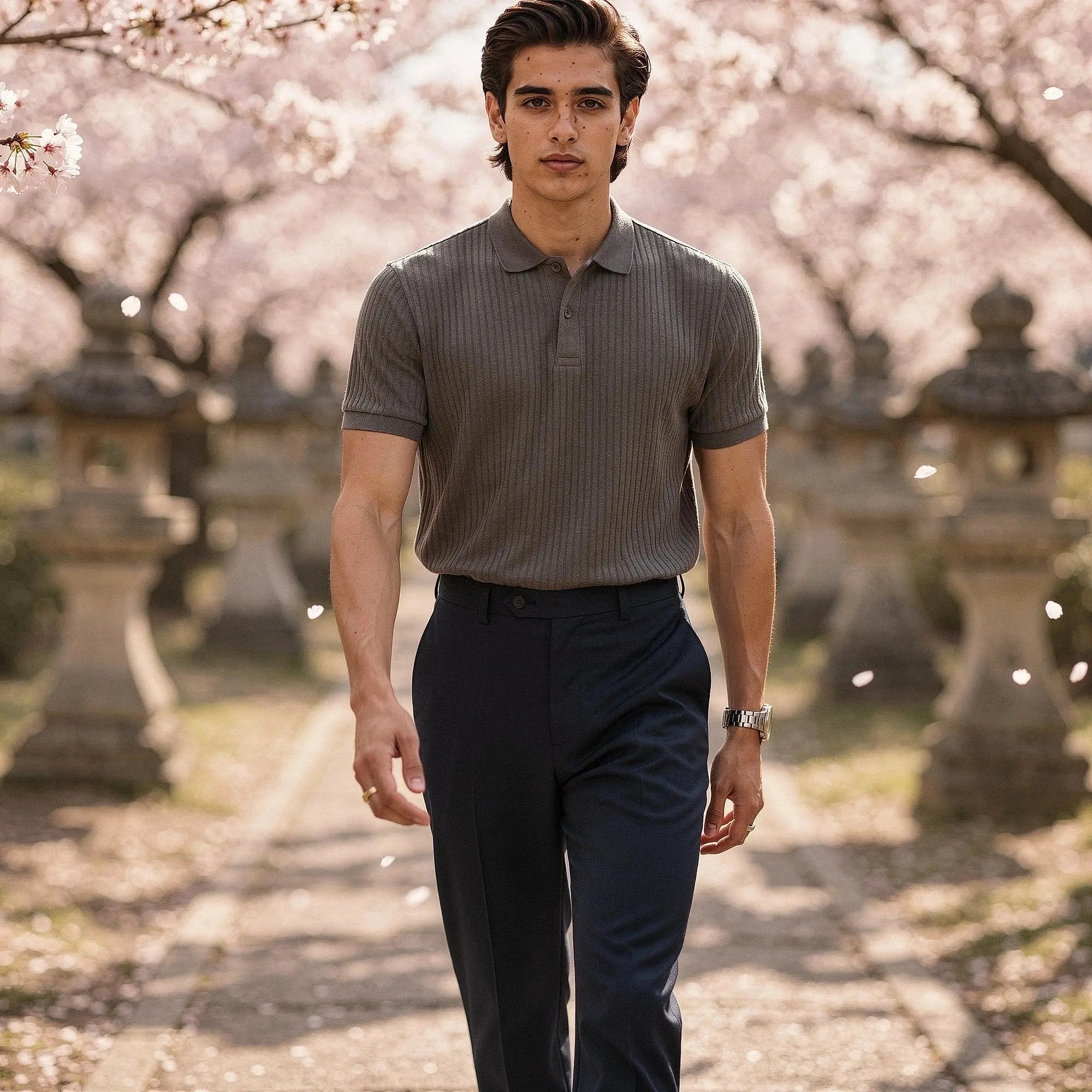View of a slim fit short sleeve polo t shirt in light blue, made from breathable cotton, showcasing a classic collar and button placket