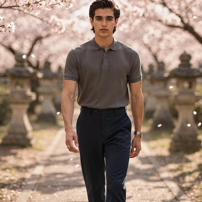 View of a slim fit short sleeve polo t shirt in light blue, made from breathable cotton, showcasing a classic collar and button placket