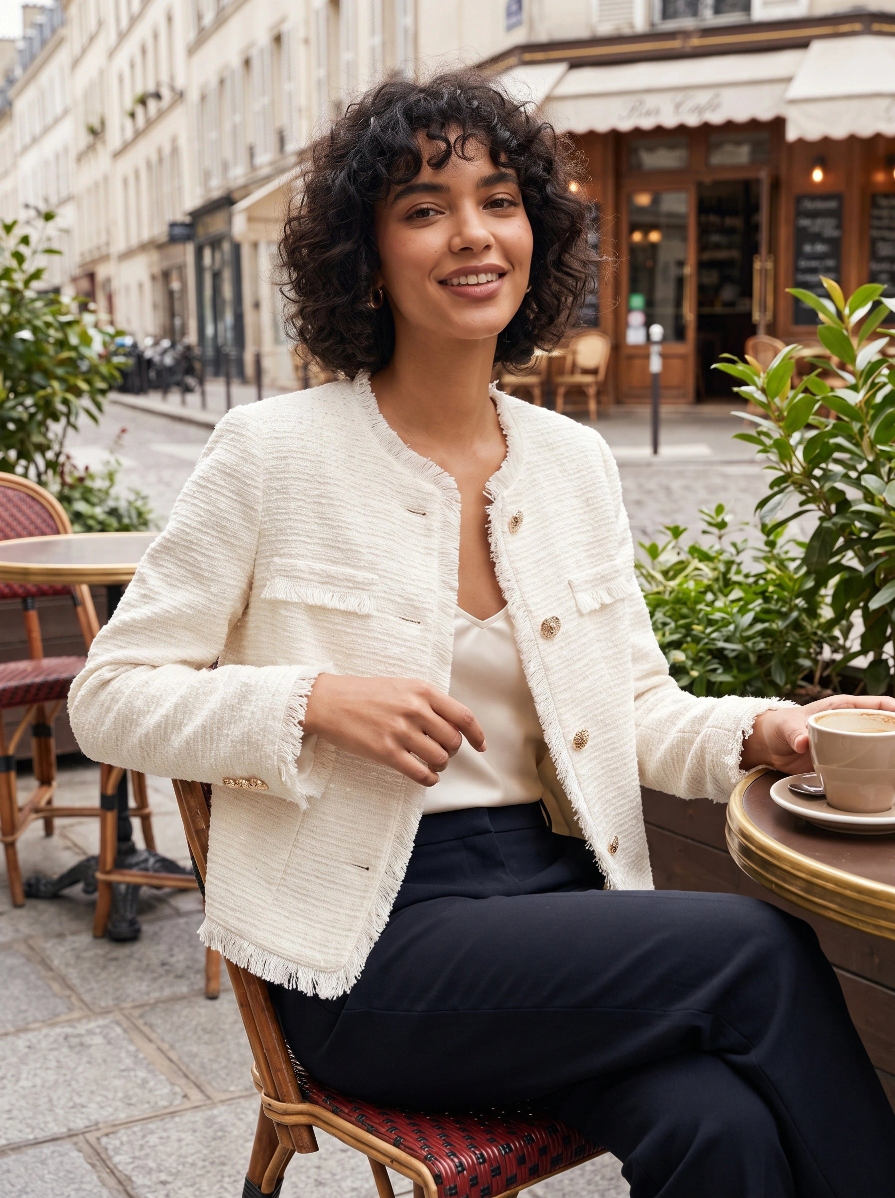 Close up of the women's textured spring crop jacket showing its intricate stitching and luxurious fabric, perfect for versatile styling.