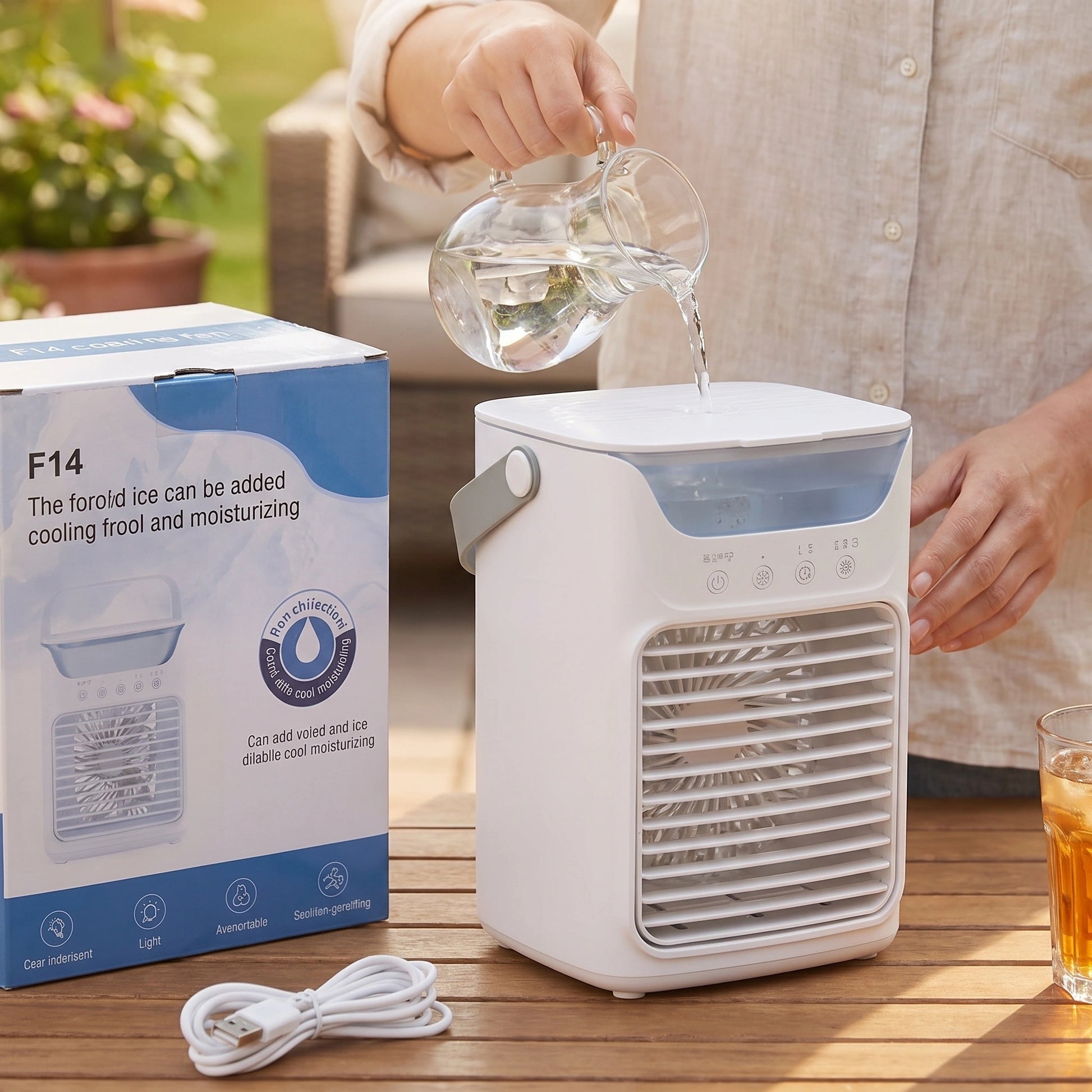Close up view showing the sleek design and intricate stitching of the compact portable air cooler, showing its modern features and high quality finish.