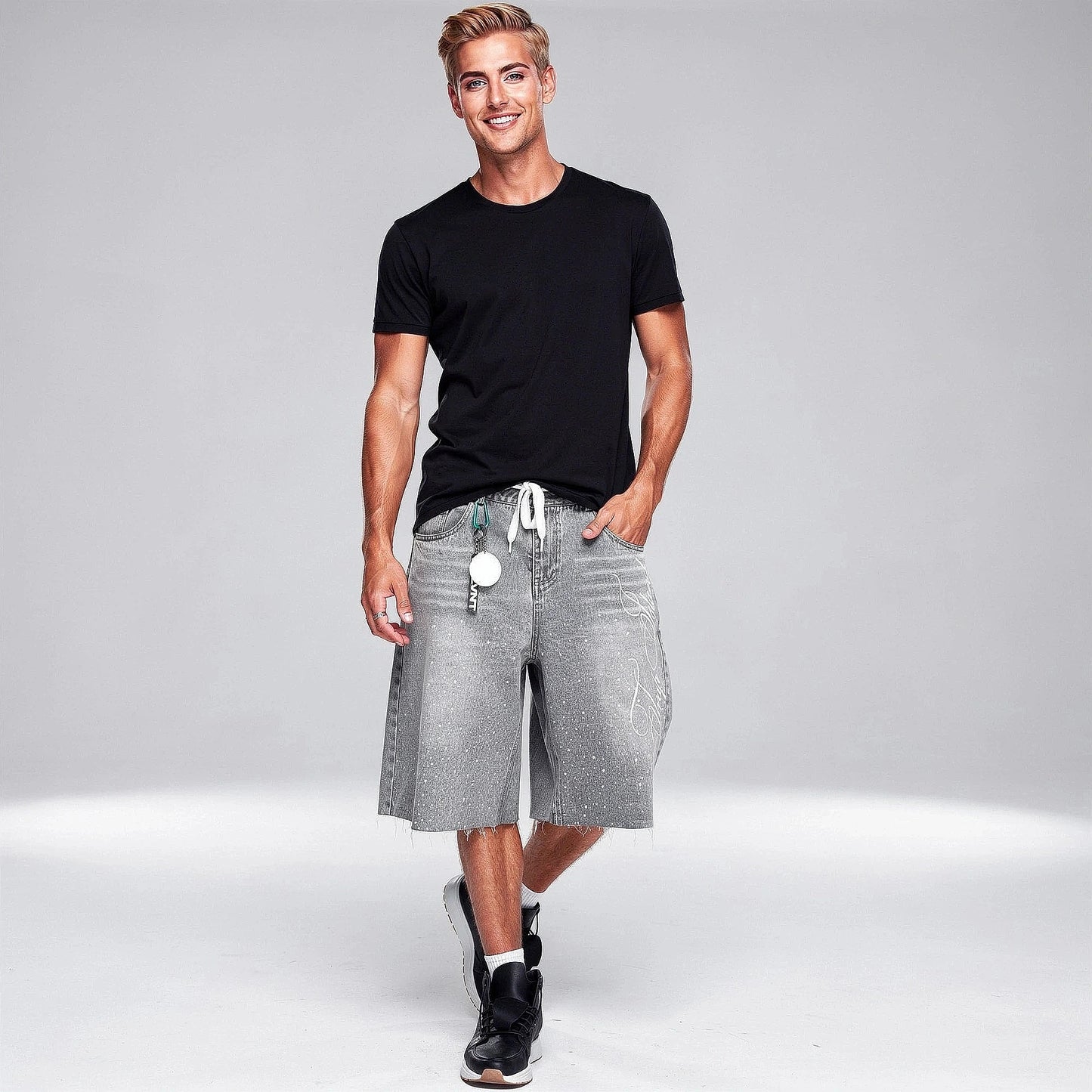 Relaxed denim knee length shorts in light blue, featuring a classic five pocket design and a view