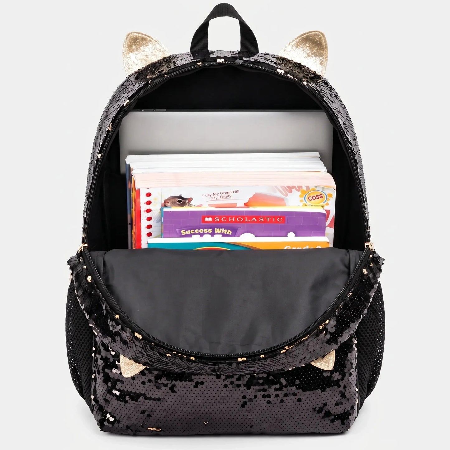 View of a playful shimmering cat face school backpack featuring vibrant colors, a textured finish, and adjustable straps