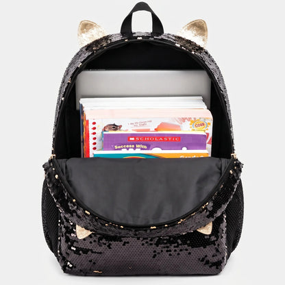 View of a playful shimmering cat face school backpack featuring vibrant colors, a textured finish, and adjustable straps