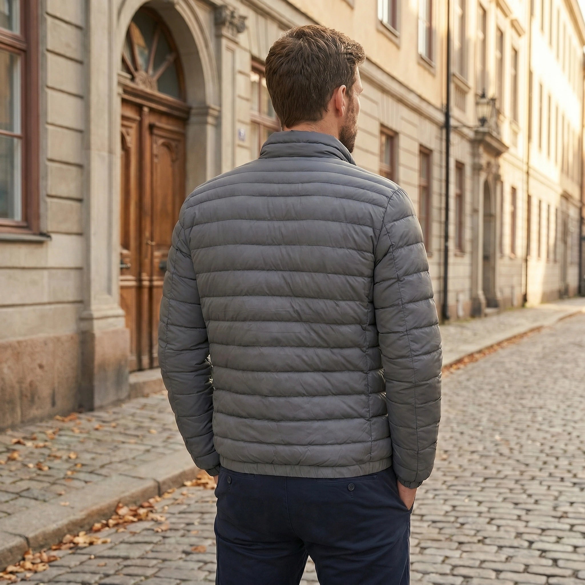 A model showcases the mens lightweight slim transitional puffer jacket in navy, styled with casual pants against a minimalist urban backdrop.