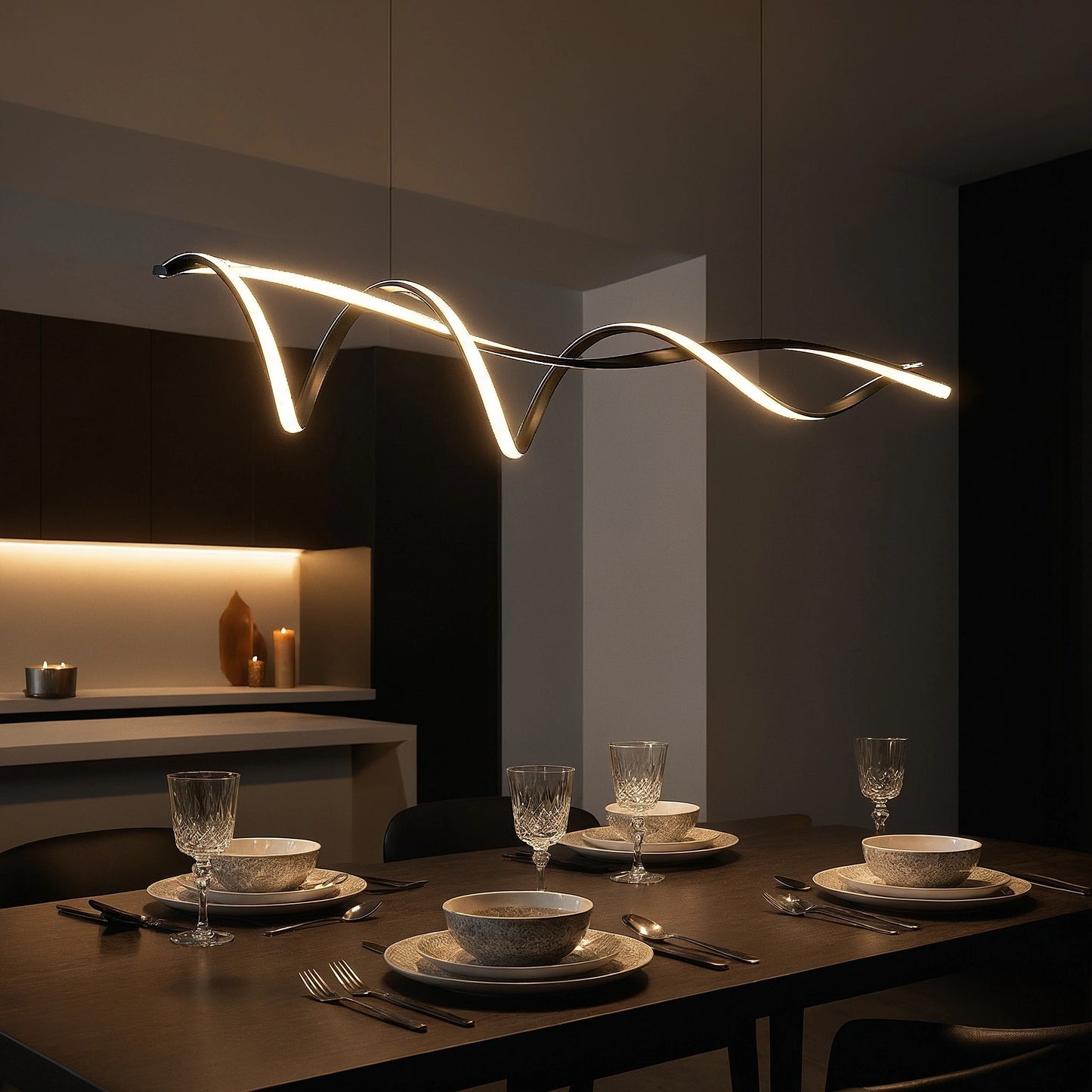 Back view of the Sculptural LED Overhead Light Fixture showing its wave design and construction details against a white background.