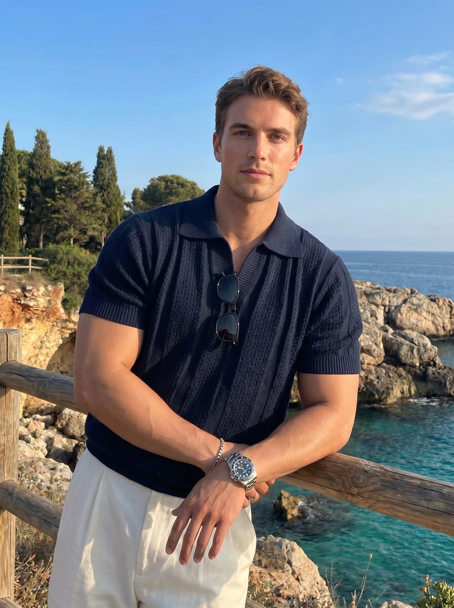 Close up view of the Mens Refined Relaxed Spring Polo Shirt showing fine fabric texture, precise stitching, and a sophisticated color palette perfect for casual spring outings.