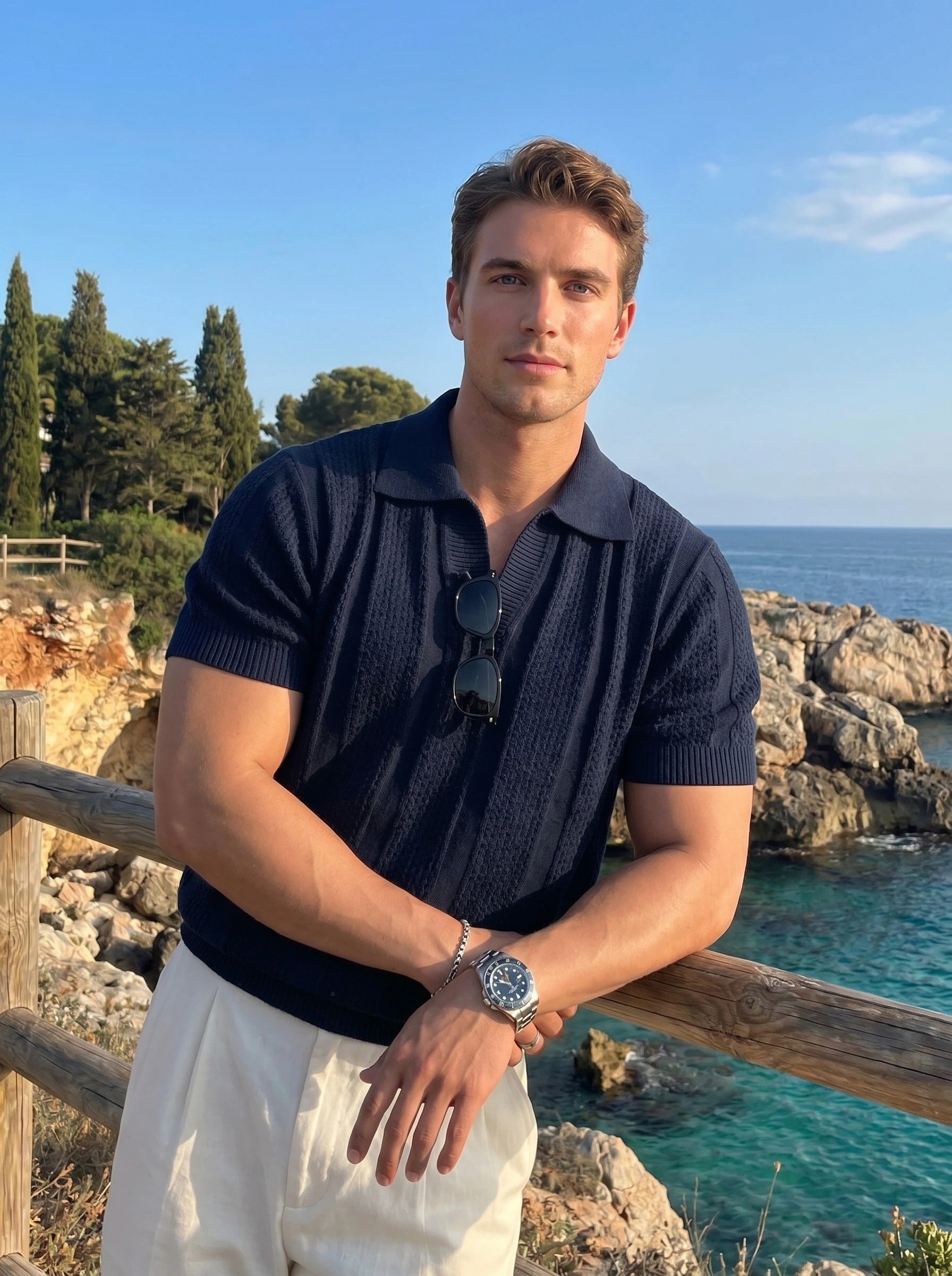 Close up view of the Mens Refined Relaxed Spring Polo Shirt showing fine fabric texture, precise stitching, and a sophisticated color palette perfect for casual spring outings.