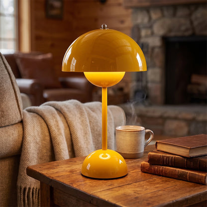 Back view of the NordicBeam wireless adjustable table lamp showing its sleek Scandinavian design, showing the construction details and warm ambient lighting.