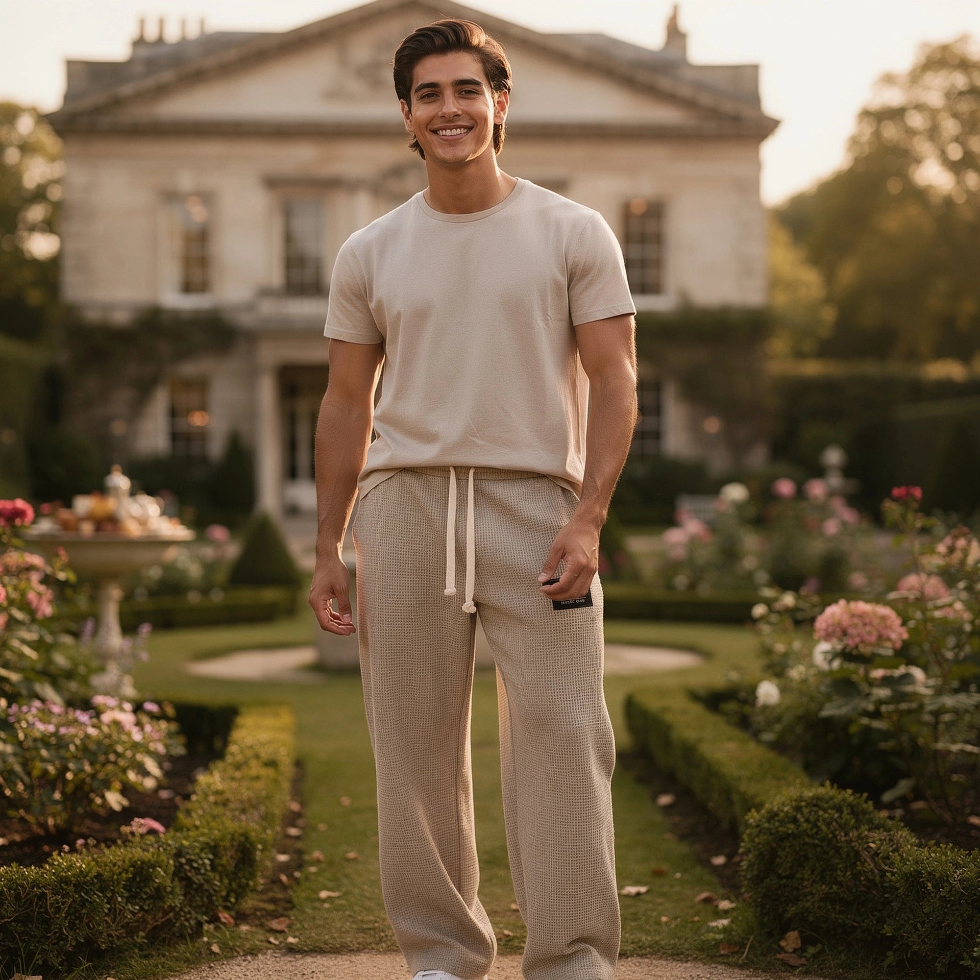 Light gray relaxed fit drawstring pants made of soft cotton, featuring an elastic waistband and pockets, view