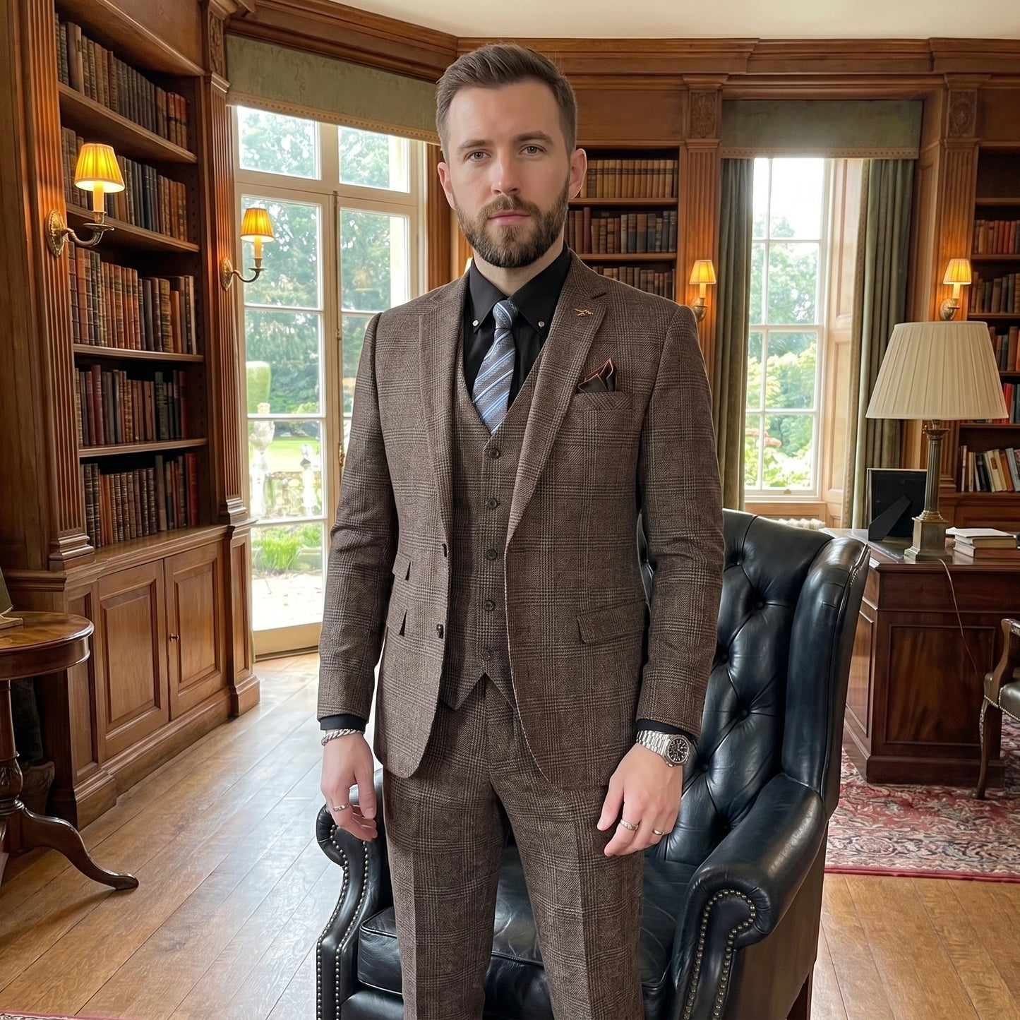 Back view of a model showing the British Korean style high quality modified plaid three piece suit, showing the tailored fit and construction details against a neutral background.