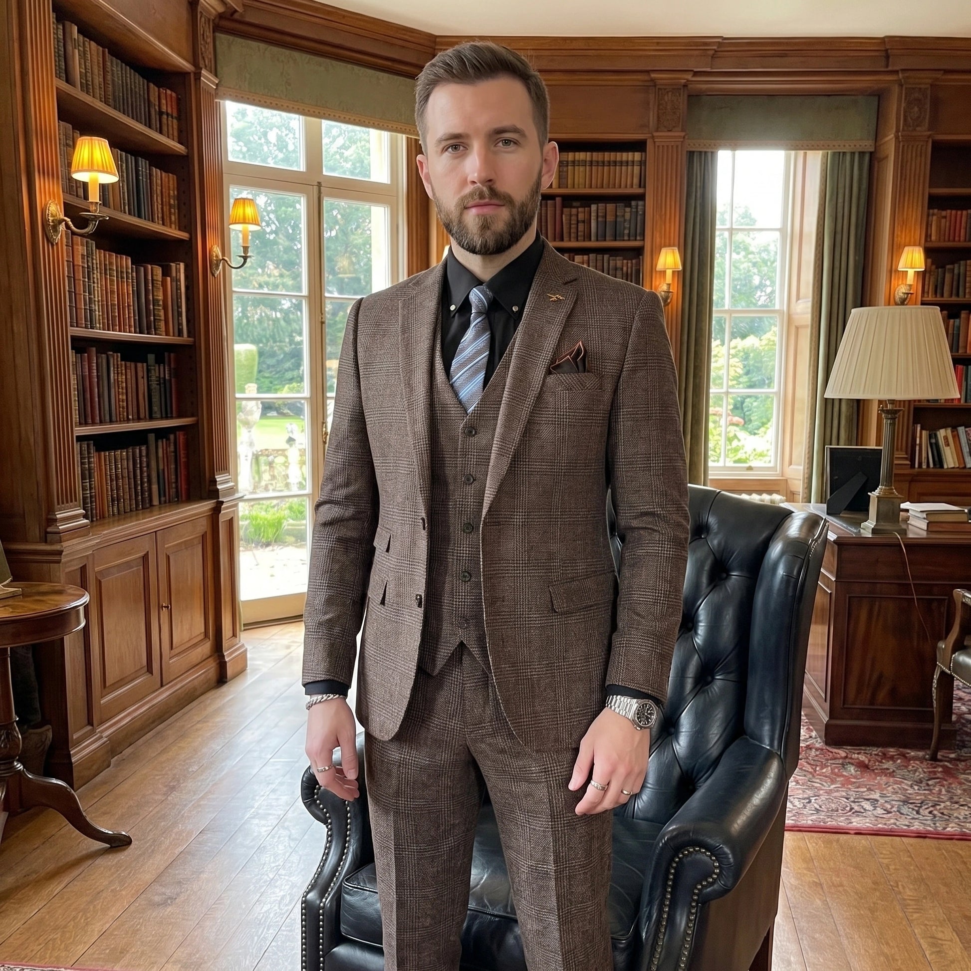 Back view of a model showing the British Korean style high quality modified plaid three piece suit, showing the tailored fit and construction details against a neutral background.