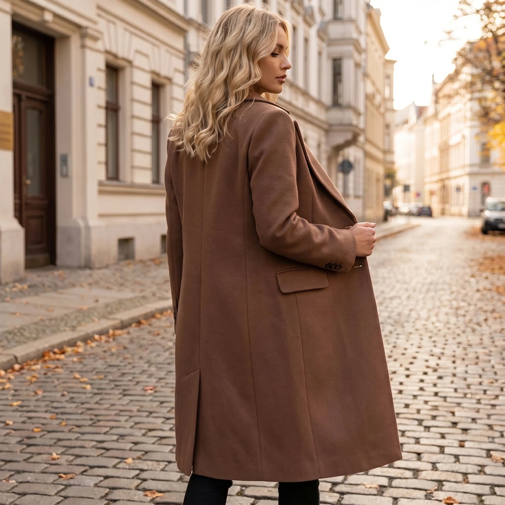 Back view of a model showing the Womens Structured Coat in a rich navy hue, showing its tailored silhouette and sophisticated construction details against a neutral backdrop.