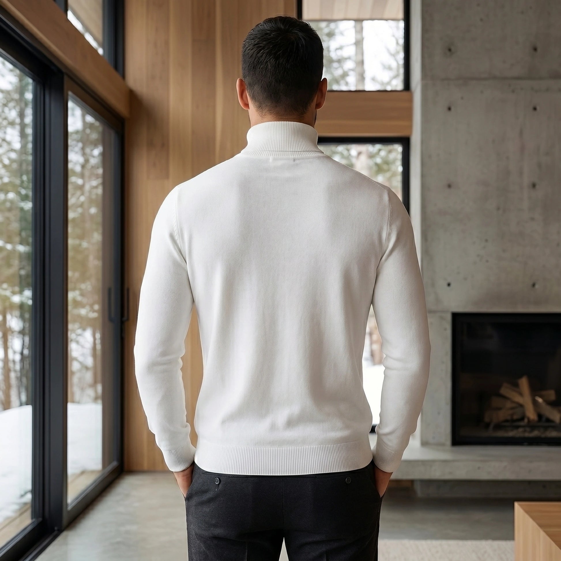 Back view of a model wearing a charcoal gray sleek fitted winter sweater, showing the fine knit construction and tailored fit against a neutral background.