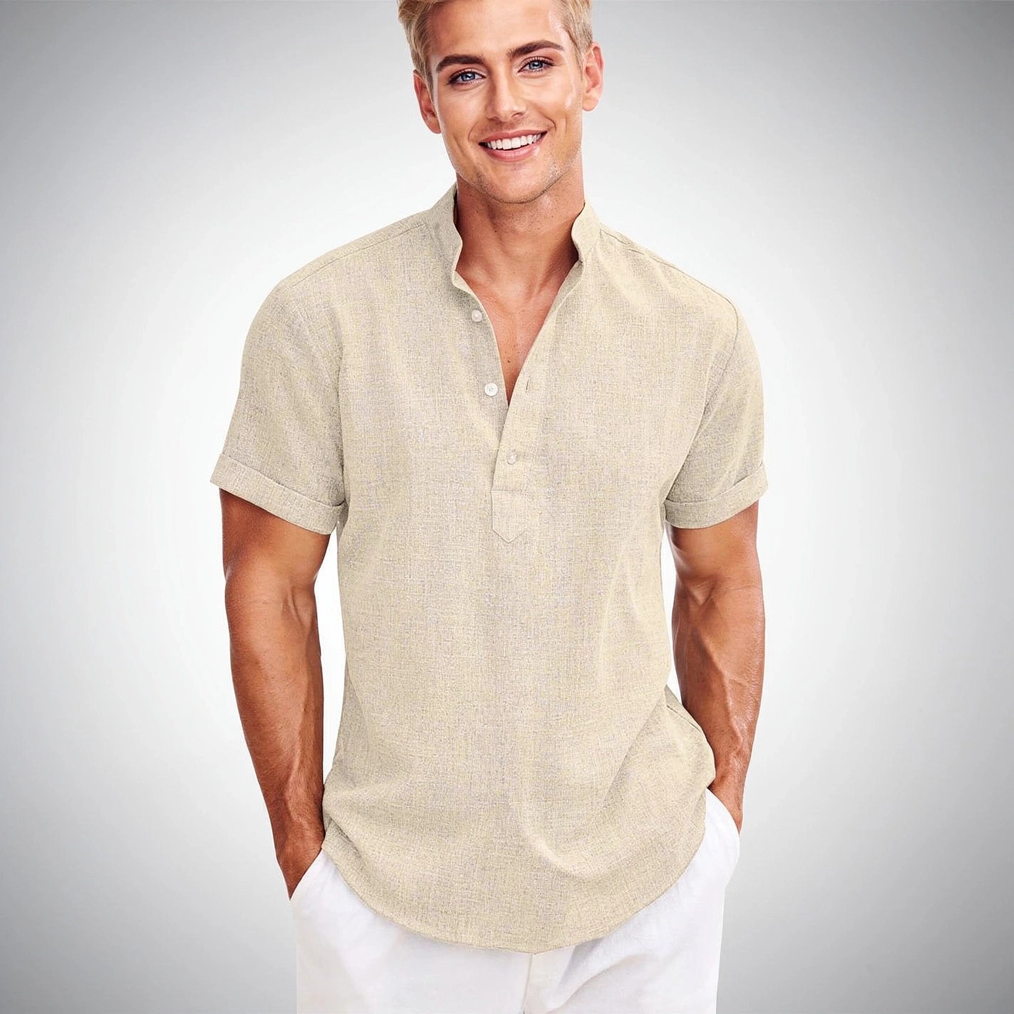View of a light gray casual henley shirt featuring a three button placket and soft cotton fabric