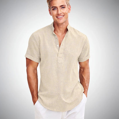 View of a light gray casual henley shirt featuring a three button placket and soft cotton fabric